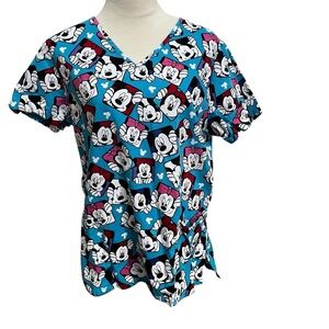 Disney Women’s Medium Scrub Top Mickey Minnie Mouse Blue V-neck Cotton